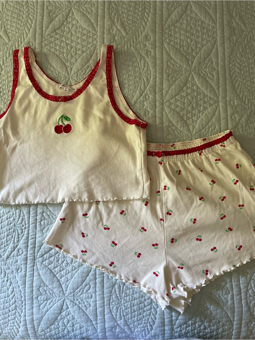 Love Peace & Lazy Days Cotton Cherry Tank Short Pajama's White Red Lace Trim L
